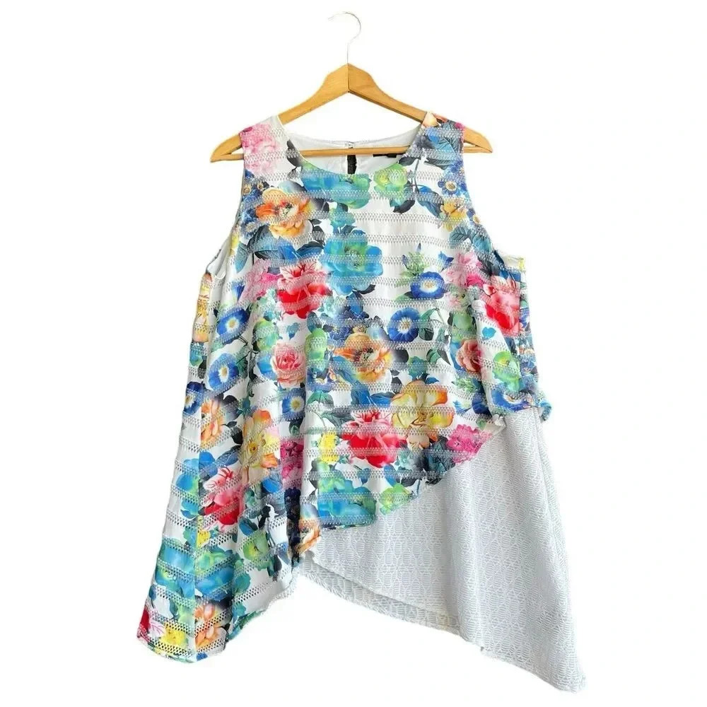 CALESSA Tunic Tank Top Size XL Multicolor Floral Layer Asymmetrical Sleeveless